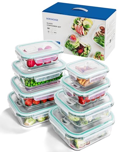 BOROHOUSE Glass Food Storage Containers, Set of 8 - Storage Containers, Oven Safe (-20°C to 510°C), Airtight Seal, Stackable, Gift Packaging