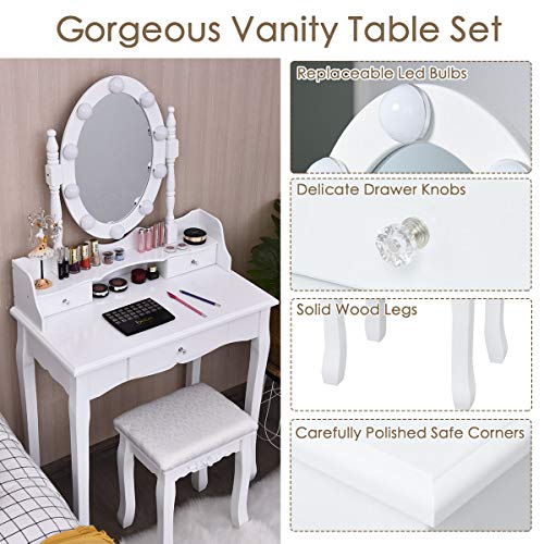 CHARMAID Vanity Table Set with Lighted Mirror, 10 Dimmable LED Bulbs