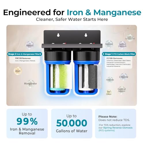 iSpring WGB21BM Sistema de Filtración de Agua para Toda la Casa de 2 Etapas, Filtros de Bloque de Carbón y Reducción de Hierro y Manganeso de 10” x 4.5”, Puertos de 1"