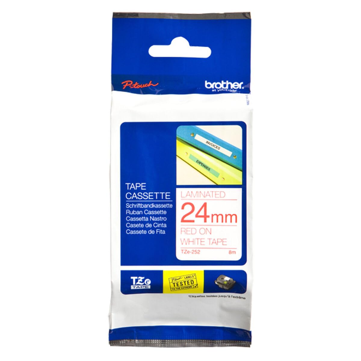 Brother TZe-252 - Standard adhesive - red on white - Roll (2.4 cm x 8 m) 1 cassette(s) laminated tape - for Brother PT-D600, P-Touch PT-3600, D800, E550, E800, P750, P900, P950, P-Touch EDGE PT-P750