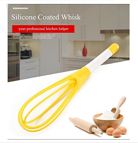 Egg Whisk Drop-shaped Flat Silicone Coated Cooking Egg Beater Mixer Whisk Tools (Yellow)