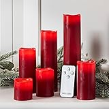 Lights4fun, Inc. Set of 6 Red Wax Battery Operated Flameless LED Pillar Candles with Remote Control