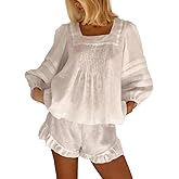 Xfileen Women's Fashion 2 Piece Sets Square Neck Puff Long Sleeve Tops and Ruffle Shorts Summer Vacation Outfits,White,M