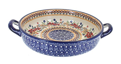 Blue Rose Polish Pottery Red Daisy Small Round Baker With Handles