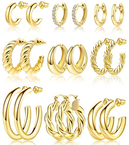 Adoyi Gold Hoop Earrings Set for Women Gold Hoops Twisted Huggie Hoops Earrings 14K Plated for Girls Gift Lightweight 9 Pairs