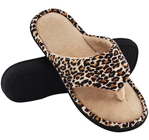 HomeTop Women’s Leopard Memory Foam Spa Thong Flip Flops Indoor House Slippers (7-8 B(M) US, Leopard/Tan)