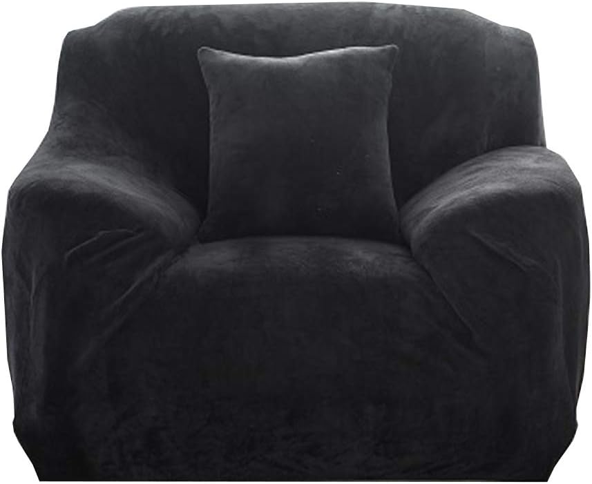 Monba Thick Sofa Covers 1 2 3 4 Seater Pure Color Slipcover Stretch Velvet Sofa Protector Armchair Slip Over Settee Couch Cover(1 Seater:90-140cm,Black)