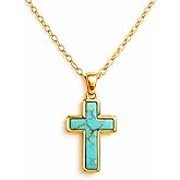 Sheplus Christian Gift for Women - Genuine Turquoise Cross Gold Necklace Faith Catholic Rosary Religious Gothic Crucifix Baptism Western Country Jewelry