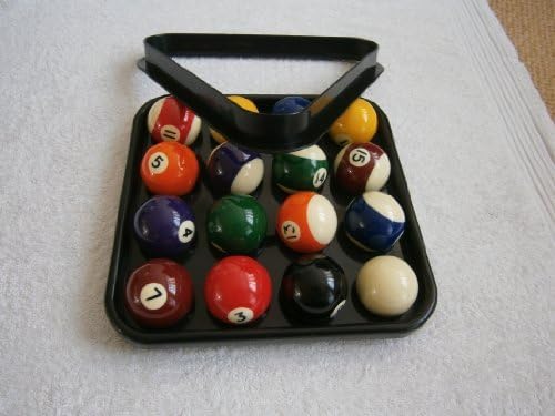 Spots & Stripes 2" pool ball set , plastic triangle & black plastic tray to carry balls
