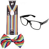 Enimay Suspender Bowtie Wayfarer Clear Glasses Nerd Costume Halloween Rainbow