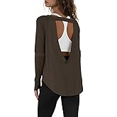 Tankaneo Womens Open Back Workout Shirts Casual Long Sleeve Boat Neck Tops Athletic Gym Yoga Tees with Thumb Holes