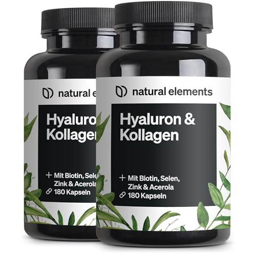 natural elements Hyaluronsäure Kollagen Komplex (2er Set) - 2x 180 Kapseln - Angereichert mit Biotin, Selen, Zink, Vitamin C aus Acerola & Bambusextra