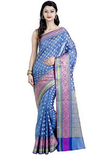 Chandrakala Women s Blue Cotton Silk Banarasi Saree,Free Size(1081BLU)