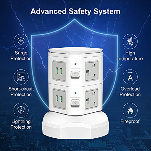 bedee Tower Extension Lead, Surge Protector Extension Lead with 4 USB Slots and 6 Outlet Plugs, Power Strip Tower with 10W Fast Wireless Charger, 6ft Extension Cable
