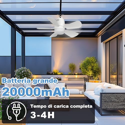 Gliztech 50 cm Outdoor Ceiling Fan, 20000 mAh Chandelier with Blades with Battery, Removable Camping Fan with Hook and Remote Control for Gazebo, Patio, Tent