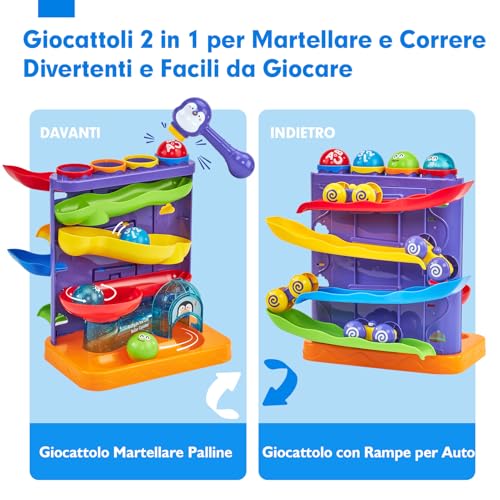 hahaland Children's Games 1 Year Male – Ball Toy 2 in 1 and Ramp for Car Track Educational Toys Montessori with Hammer/4 Balls/4 Cars, Gifts for 1 2 3 Years Old Children