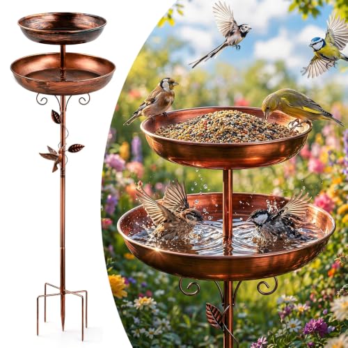 2-in-1 Tall Bird Bath and Feeder for Outdoors, Adjustable Metal Standing Bird