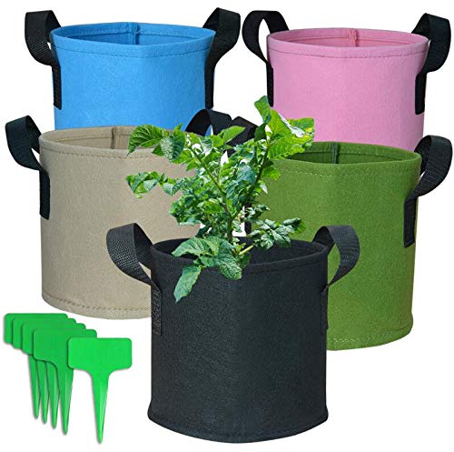 kingleder 5-Pack 1 Gallon Fabric Pots, Heavy Duty Nonwoven Fabric Planting Grow Bags Bulk, Indoor Flower Pots with Handles(Green/Black/Blue/Pink/Light Brown)