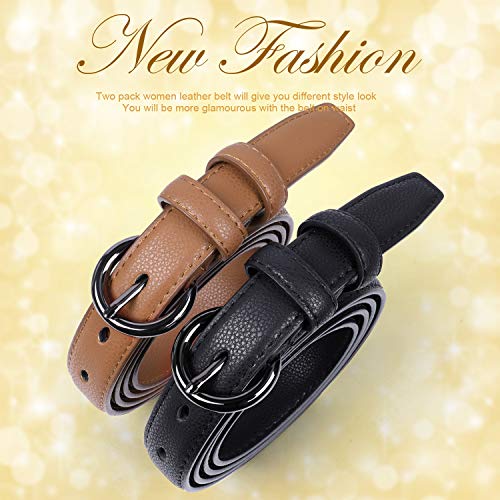 WERFORU Ladies Thin Leather Belt for Jeans Dress Simple Waist Belt for Women(A-Black+Brown, pants size 25-30 Inches)