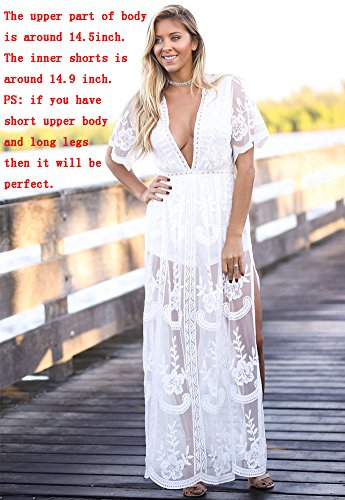 Wicky LS Women's Sexy Short Sleeve Long Dress Low V-Neck Lace Romper White M