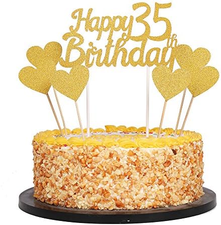QIYNAO Gold Glittery Happy Birthday Cake Toppers and Love Star Cake Smash Birthday Party Decorations, Candle Alternative Set of 7 (35th)