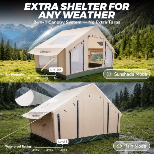 CHERIMOR Inflatable Tent with Skylight, Auto Inflation Pump, 4-6 Person, 445 FT³ Interior, Double-Layer Waterproof Oxford, Hot Tent with Stove Jack, Quick Setup Blow Up Tent for Camping & Hiking