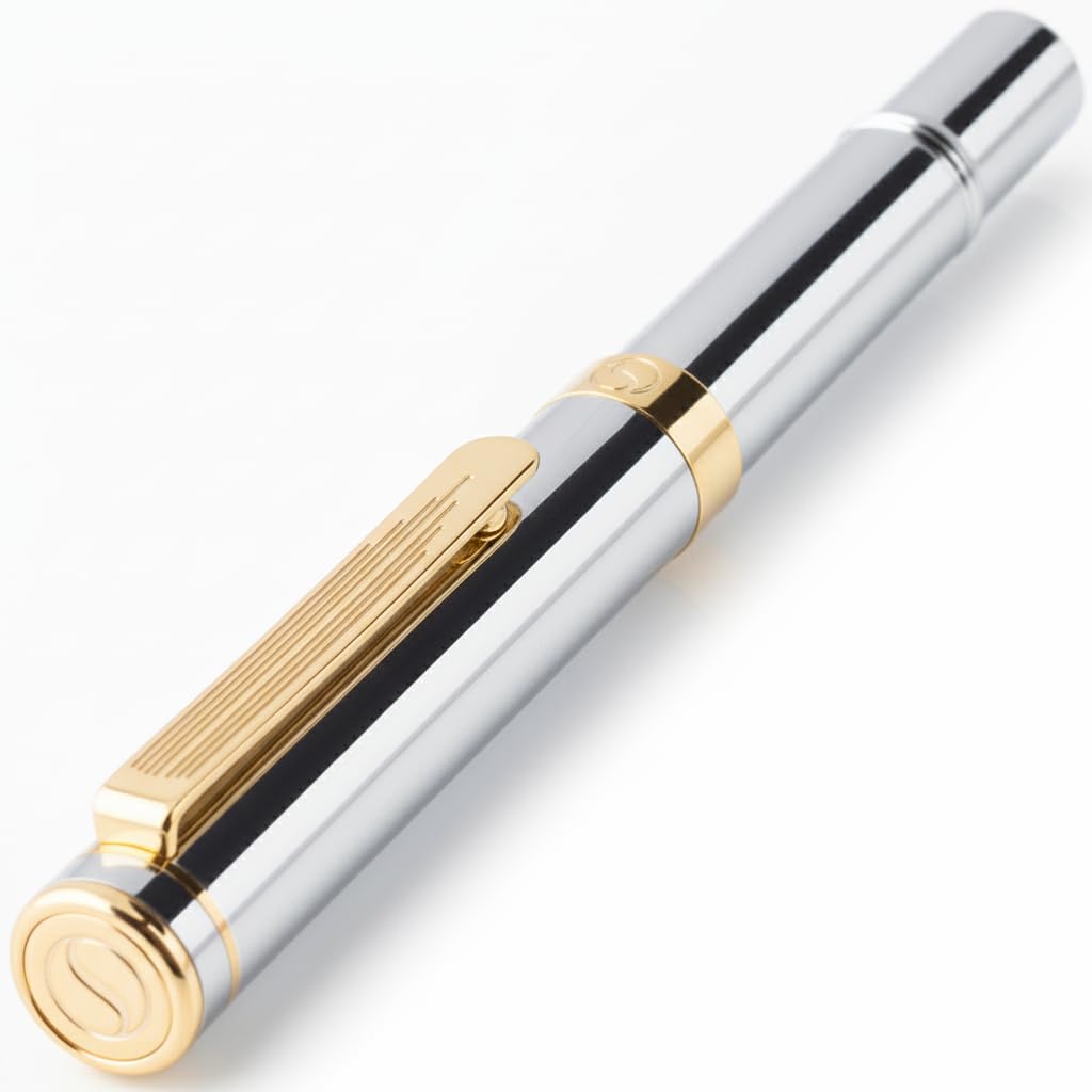 Scriveiner EDC Silver Chrome Rollerball Luxury Pen, Stunning Heavy Pocket Pen, Real Gold Plating, Cool Writing Pen, Best Gift for Men & Women, German Schmidt Refill, Nice Office Designer