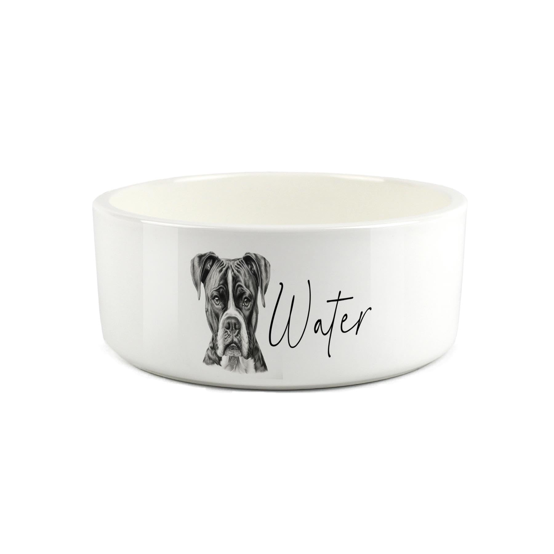 Boxer Dog Pet Bowl - Black & White Portrait Large Ceramic Water Bowl - White Water Dish For Dogs
