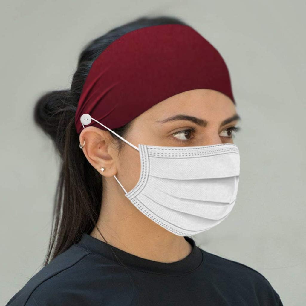 JCarry Button Headbands for Wearing Face Mask Women Men Yoga Sports Workout Quick Dry Sweat Turban Head Wrap - Protect Your Ears (Wine)