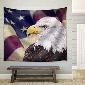 Bald Eagle with The American Flag Out of Focus and Grunge Look - Fabric Wall Tapestry Home Decor - 51x60 inches