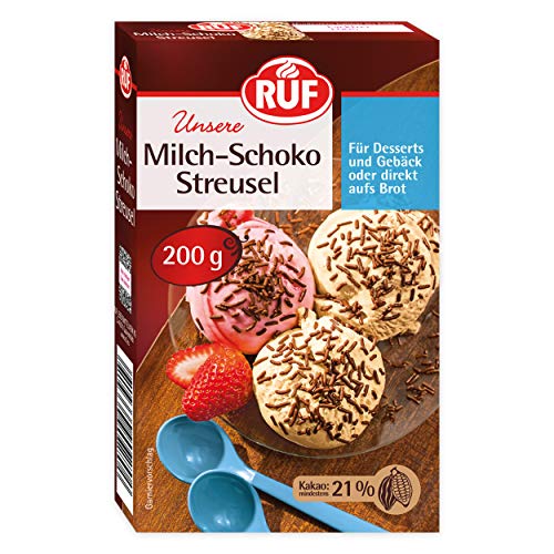 RUF Milch Schoko-Streusel, Schokoladen-Dekorfür bunte Plätzchen, Kuchen, Muffins, Pudding und Eis oder als Streusel auf Brot, glutenfrei, 1 x 200g