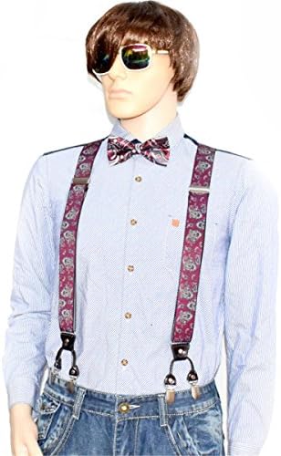 Elegnt Paisley Burgundy Suspenders Bow Ties Set for Men &amp; Women-6 Clips on Y Shape Dress Suspender Wedding Formal Events Adjustable Braces