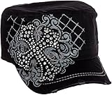 Crystal Case Womens Cotton Rhinestone Cross Cadet Cap Hat (Black)