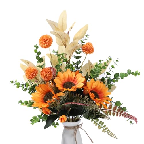 ABCDipper Flores Artificiales de Girasol Fake Bouquet Decoración de Otoño Plantas de Interior de Imitación Centros de Mesa
