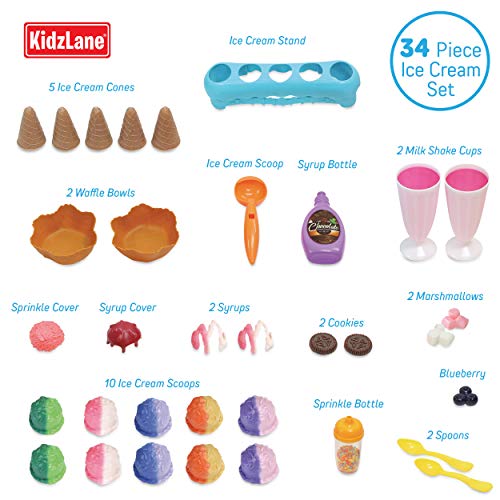 Kidzlane Ice Cream Play Set 34 Piece Ice Cream Toy Set with Color Changing Scoops & Toppings