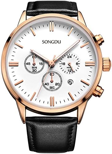 SONGDU Date Rose Gold Chronograph Watches For Men Stopwatch 24 Hour Luminous Black Leather Strap