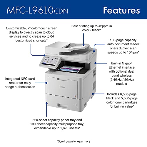 Brother MFC‐L9610CDN Enterprise Color Laser All‐in‐One Printer with Fast Printing, Large Paper Capacity, and Advanced Security Features, White