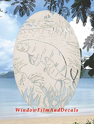 Oval Manatee Etched Window Decal Vinyl Glass Cling - 8" x 12" - White with Clear Design Elements
