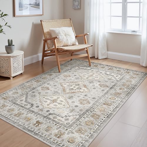 GENIMO Teppich Wohnzimmer 120X170 cm Vintage Waschbar Elfenbein Grau