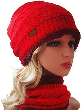 AIMKE Hat Scarf Set Knit Hat Warm Thick Winter Hat (Red)