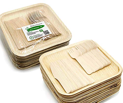 Party Set of 150 Eco-Friendly Dinnerware - 50 Large Square 10" Palm Leaf Plates, 50 Wood Forks, 50 Wood Knives - Elegant Disposable Compostable