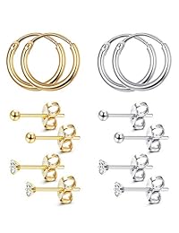 Sllaiss - 6 pares de pendientes de plata de ley de 0.079 in para cartílago de la oreja, para hombre y mujer, pequeños, sin fin, redondos, circonitas cúbicas, tragus, hélice, tono oro rosa y plata