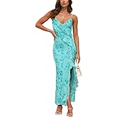 GRMLRPT Women Sexy V Neck Spaghetti Strap Mesh Ruffle Bodycon Backless High Slit Cocktail Party Beach Maxi Dress