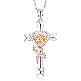 RIVIKO 925 Sterling Silver Cross Birthstone Necklace for Women Cross Rose Pendant Necklaces Trendy Christmas Valentine's Day Anniversary Jewelry Gift for Women Her Wife Girlfriends