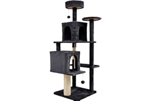 TSCOMON 58.3" Large Cat Tree Tall Cat Tower for Indoor Cats Multi-Level Plush Cat Cando with 2 Soft House, 1 Sisal Rope, 1 Thick 4.3" Cat Post, 2 Hang Ball, Dark Gray