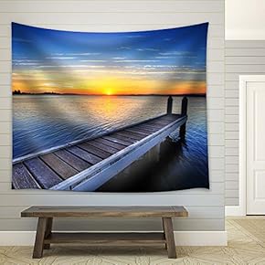 Peaceful Lake and Pier at Sunset Calmness Concept - Fabric Tapestry, Home Decor - 51x60 inches