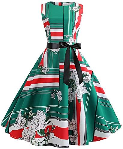 Quellfluss Women's Sleeveless Vintage Swing Casual Party Dress Floral Maxi Cocktail Evening Dress with Belt