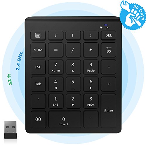 Wireless Number Pad, Wireless Numeric Keypad with Ultra-light and Versatile, 2.4GHz, 28-Keys Number Pad with USB Receiver, Shortcuts for Laptop, Desktop, Surface Pro, Notebook and More-Black - Thumbnail 6