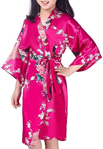 Admireme Girls' Peacock Satin Kimono Robe Bathrobe Nightgown For Spa Party Wedding Birthday