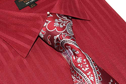 Christopher Tanner Men's Regular Fit Dress Shirts with Tie Handkerchief Cufflinks Combo Herringbone Stripe Pattern Wine